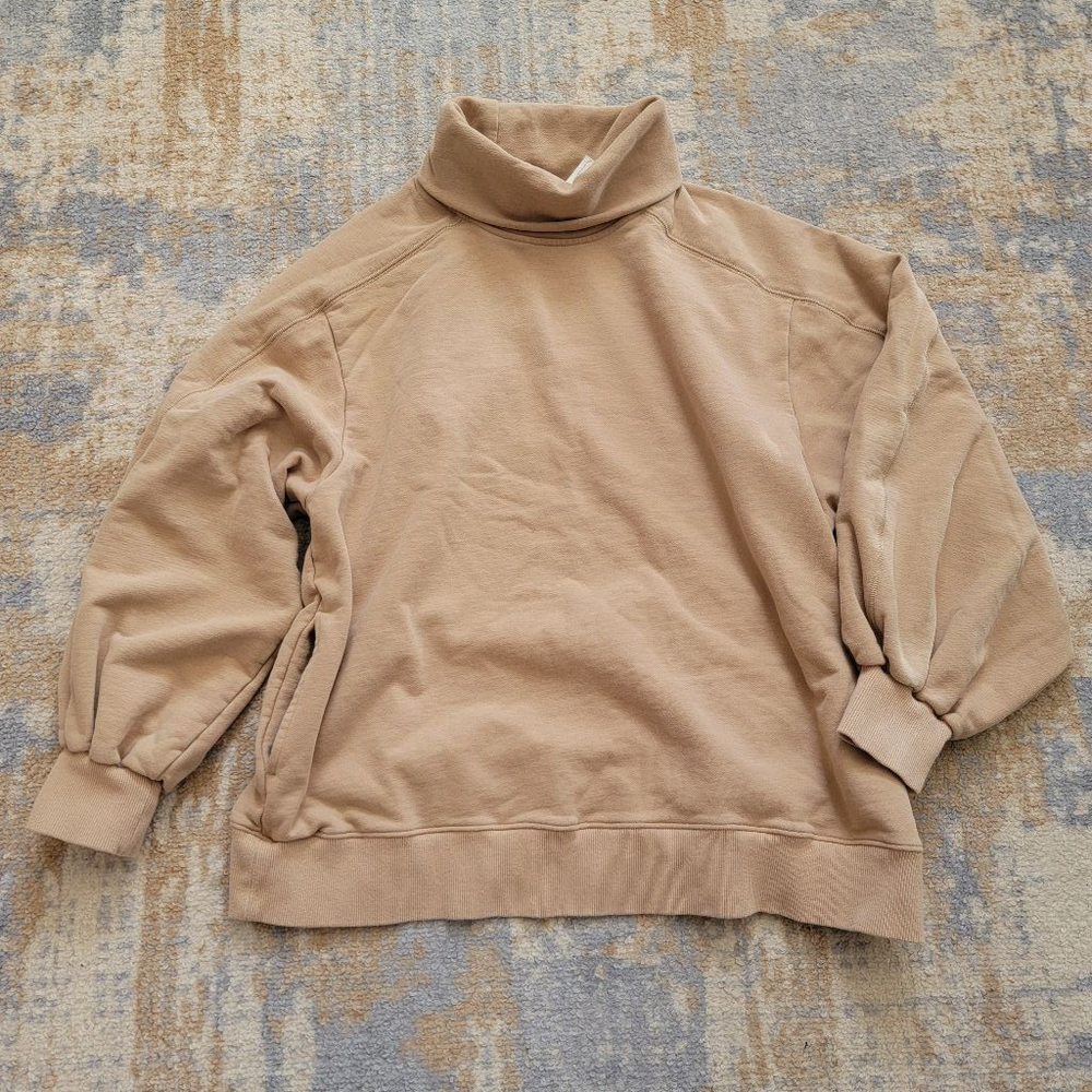Nap Women's Boxy Oversized Turtleneck Sweatshirt Light Brown Pockets Small - Picture 2 of 9